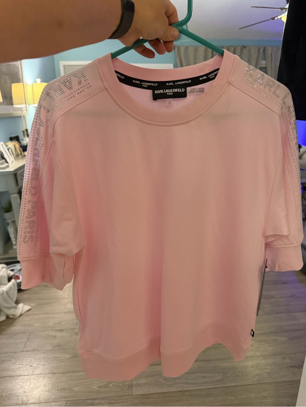 Karl Lagerfeld Light Pink Short Sleeve Sweatshirt with Crystal Shoulder Detail